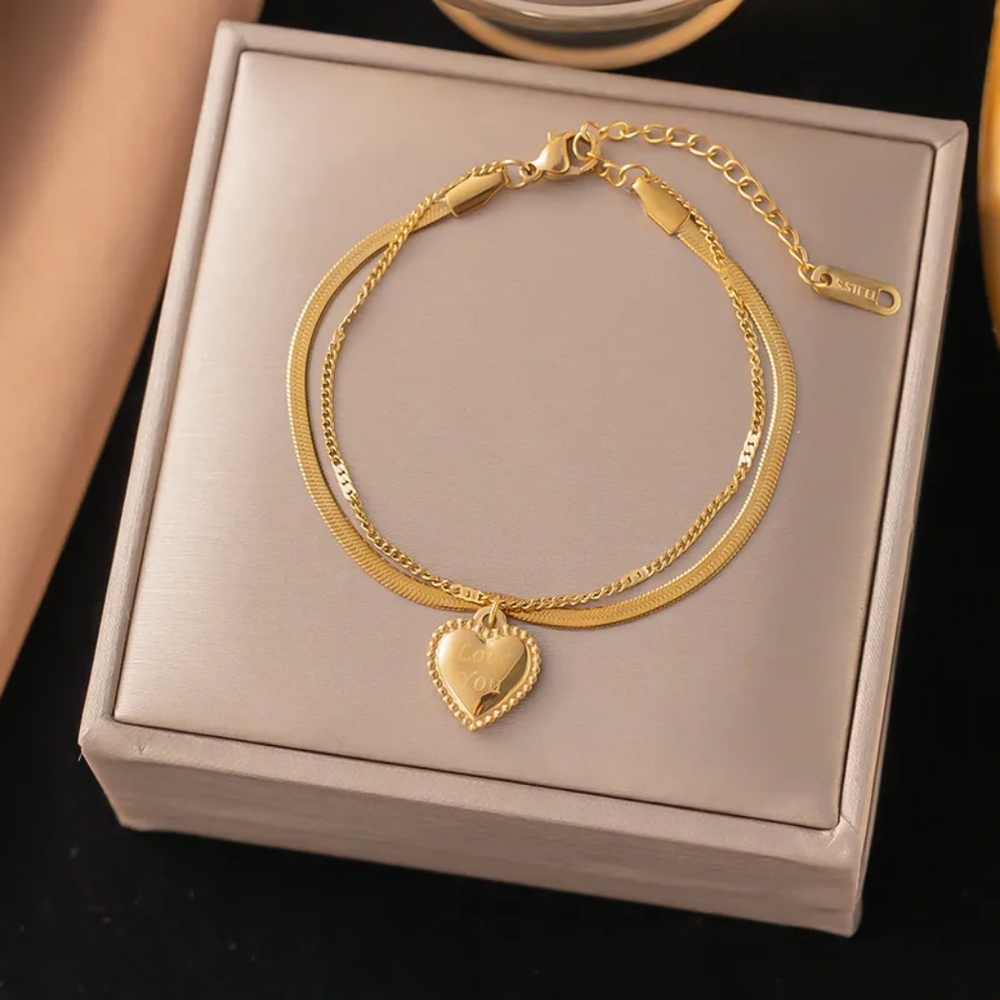 Gold Layered Anklet Herringbone Chain Heart Charm 18K Plated Adjustable - Picture 5 of 13